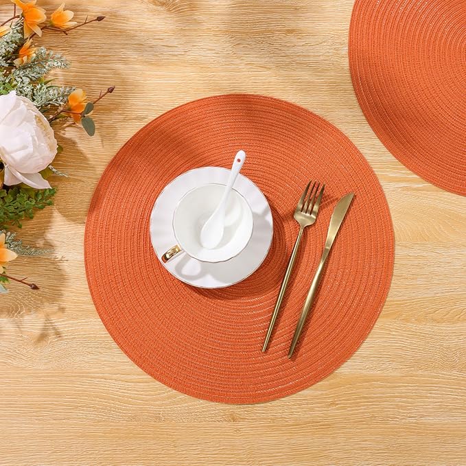 SHACOS Round Placemats Set of 6 Polyester 15 inch Round Braided Place Mats Washable Non Slip Kitchen Dining Table Mats Autumn Fall Placemats Decor, Bright Orange