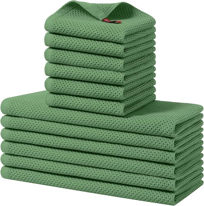 Homaxy 100% Cotton Kitchen Towels and Dishcloths Set, 12 x 12 Inches and 13 x 28 Inches, Set of 12 Bulk Kitchen Towels Set, Ultra Soft Absorbent Dish Cloths for Washing Dishes, Grass Green