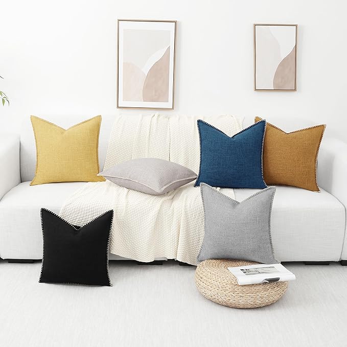 decorUhome Decorative Outdoor Throw Pillow Covers 16x16 Set of 2, Square Linen Rustic Neutral Farmhouse Euro Pillow Covers with Stitched Edge for Couch, Sofa, Living Room, Light Grey