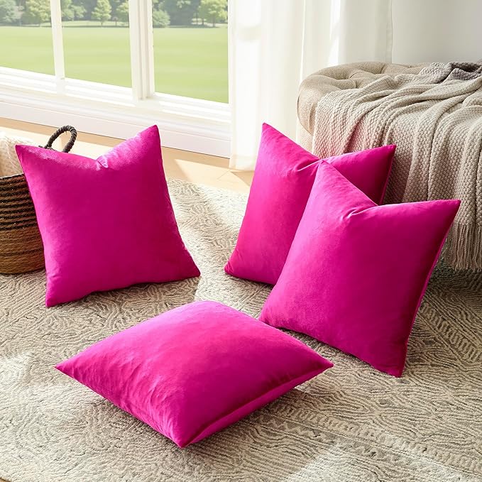GIGIZAZA Set of 4 Hot Pink Throw Pillow Covers 16x16 Soft Velvet Pillow Covers Modren Decorative Pillows Covers Couch Sofa Living Room Pillowcase