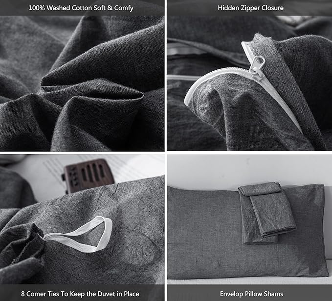 MooMee Bedding Duvet Cover Set 100% Washed Cotton Linen Like Textured Breathable Durable Soft Comfy (Heathered Dark Grey, Twin 68"x90")
