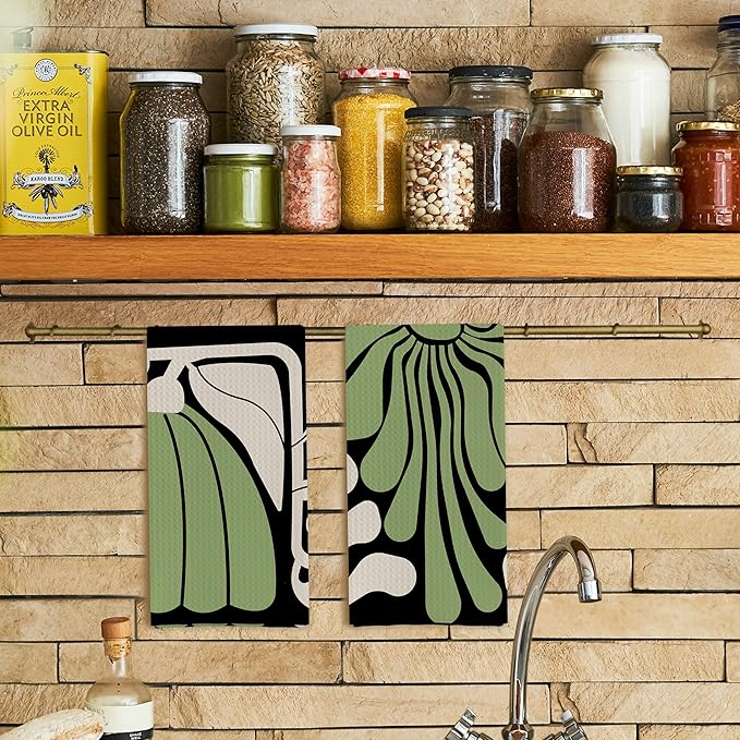 Abstract Boho Green and Beige Floral Kitchen Towels Set of 2, Retro 70s Groovy Floral Hand Towels for Bathroom Decor, Modern Minimalist Botanical Dish Tea Towels for Kitchen Decor, 16x24 Inch