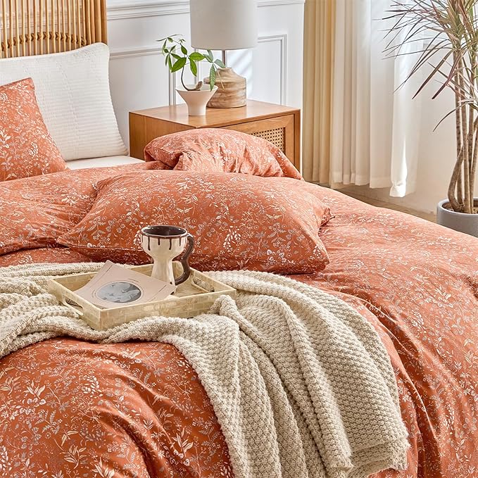 mixinni 3 Pieces Duvet Covers Full Size, 100% Cotton Comforter Cover Wildflower Printed on Pumpkin Floral Bedding Set with Zipper Closure 4 Ties (1 Duvet Cover 80"x90", 2 Pillow Cases 20"x26")