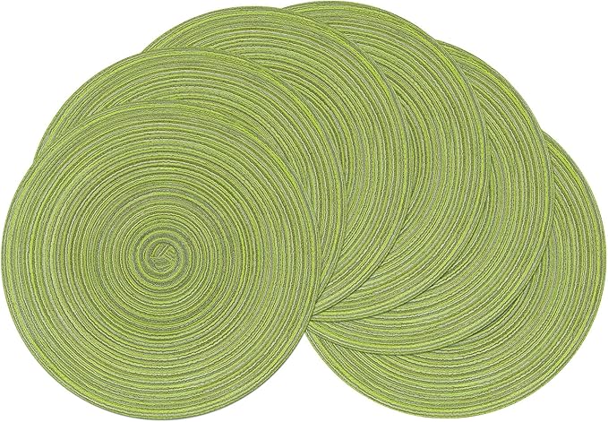 SHACOS Round Placemats Set of 6 for Dining Tables 15 inch Cotton Braided Placemats Washable Reversible for Kitchen Holiday Party (Pea Green, 6)