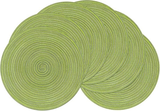 SHACOS Round Placemats Set of 6 for Dining Tables 15 inch Cotton Braided Placemats Washable Reversible for Kitchen Holiday Party (Pea Green, 6)