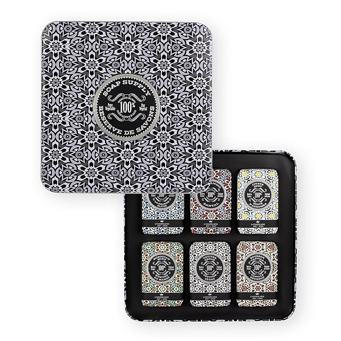 La Chatelaine Soap Supply Tin Gift Set |Unisex, Men, Women| Plant-based shea butter bar soaps | Made in France | Natural and Organic | Large soap bars | Set of 6, 8.8 oz./250g bars - Gray Mosaic