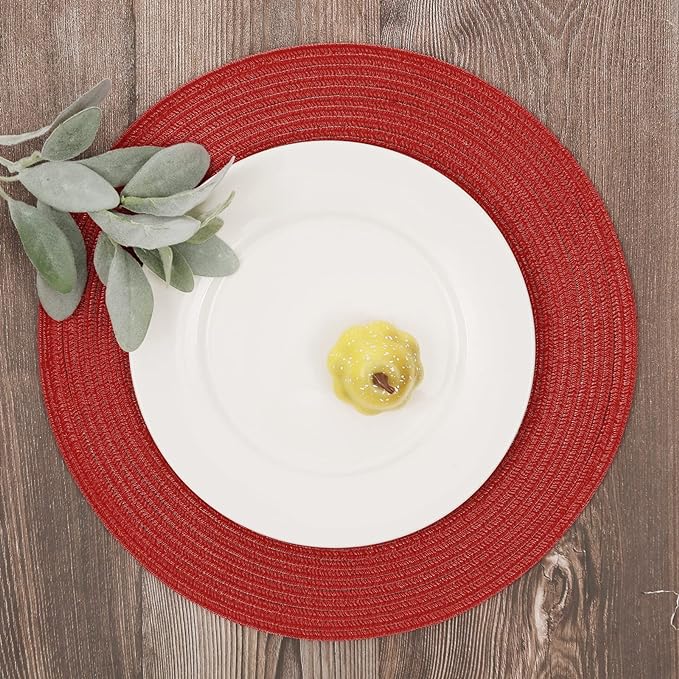 SHACOS Round Braided Placemats Set of 8 Washable 15 inch Round Table Mats Non Slip Woven Place Mats for Christmas Holiday Dining Table Decor (Red, 8)
