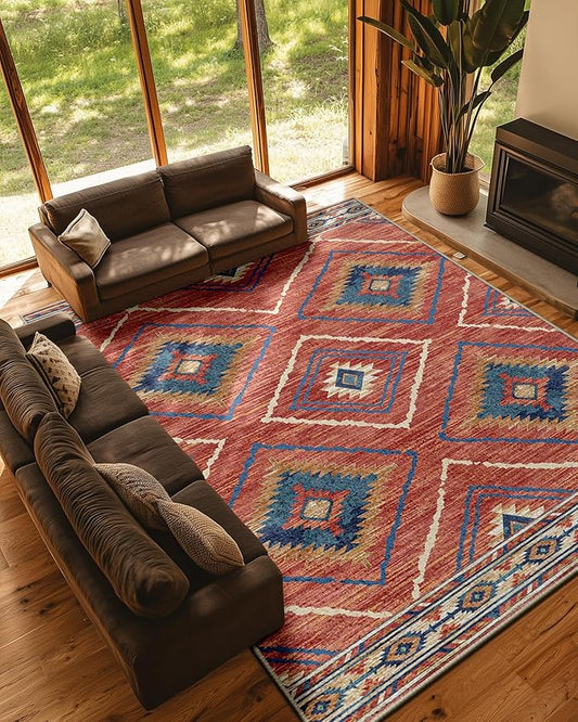 Area Rug 9x12 Rug Machine Washable Non-Slip Low Pile Print Pattern Western Rug for Living Room Bedroom Entryway Tribal Series -Red/Orange