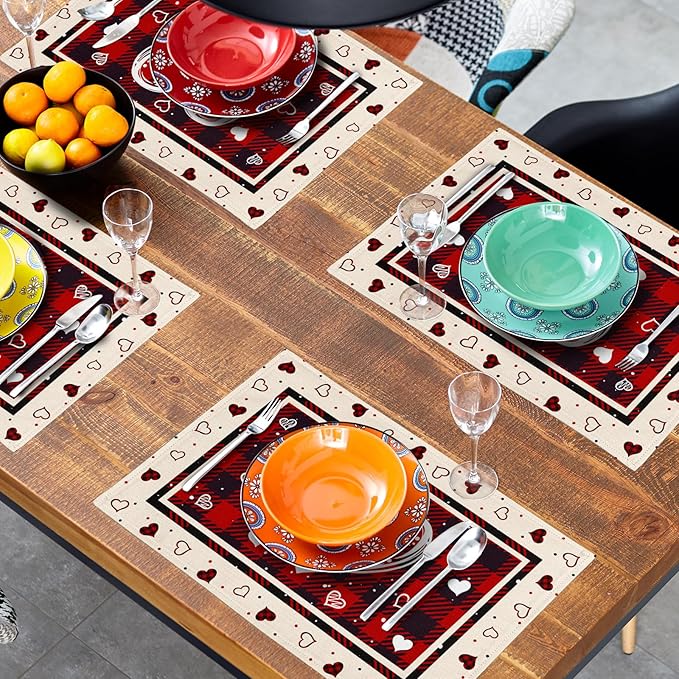 Giwawa Valentine Decorative Placemats Set of 4-12"x18" Love Heart Place Mat with Red Black Buffalo Plaids- Romantic Wedding Anniversary Linen Table Mats for Kitchen Dining Holiday Decor