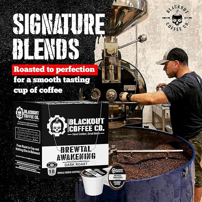 Blackout Coffee Brewtal Awakening Dark Roast Coffee – HIGH CAFFEINE, Bold & Strong, Fuel Your Mission – 18 Count K-Cup Pods, American Made