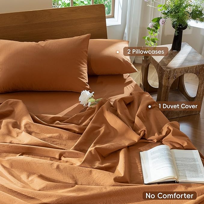 MooMee Bedding Duvet Cover Set 100% Washed Cotton Linen Like Textured Breathable Durable Soft Comfy (Solid Burnt Orange, Palatial King/Oversized King 120"x98")