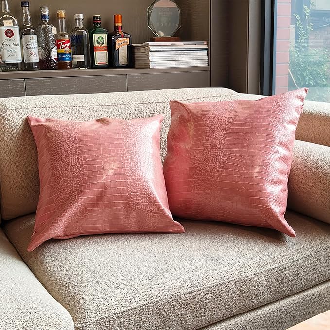 Faux Leather Throw Pillow Covers 18X18 Inch Set of 2 Pink Outdoor Modern Farmhouse Solid Decorative Pillow Covers for Room Couch Living Bedroom Bed Sofa