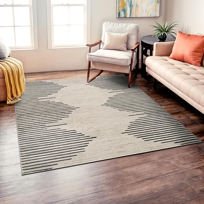 Rugshop Bohemian Stripe Stain Resistant High Traffic Living Room Kitchen Bedroom Dining Home Office Square Rug 6'6" Cream