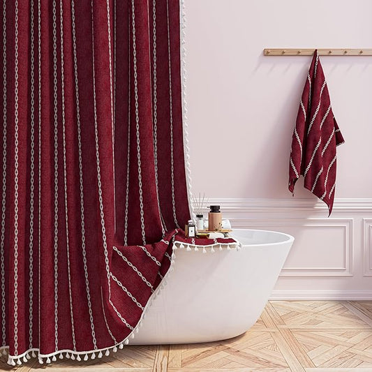 BTTN Boho Shower Curtain, Bohemian Linen Fabric Heavy Duty Striped Shower Curtain Set with Tassel, Water Repellent, Farmhouse Vintage Aesthetic Shower Curtains for Bathroom with Hooks, 72x72, Burgundy