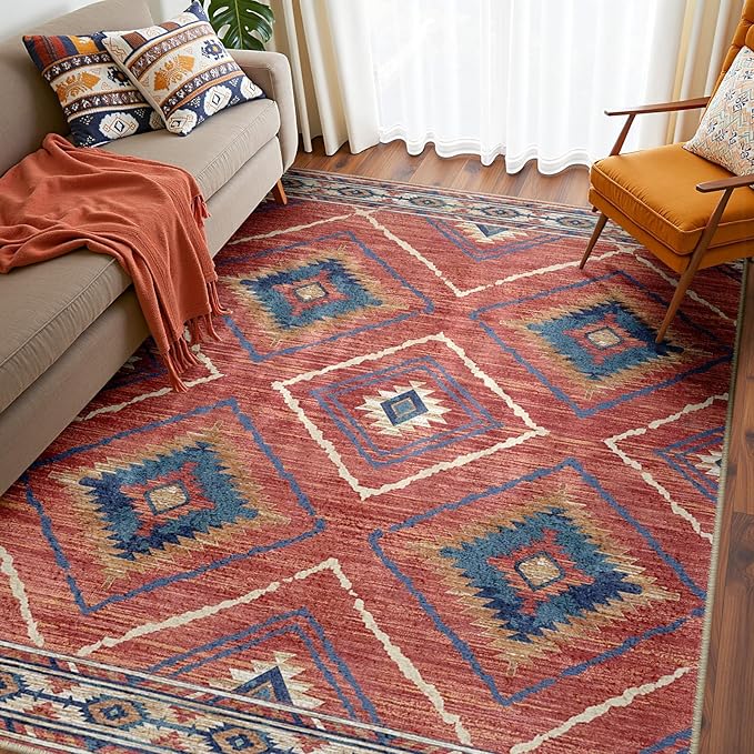 Area Rug 6x9 Rug Machine Washable Non-Slip Low Pile Print Pattern Western Rug for Living Room Bedroom Entryway Tribal Series -Red/Orange