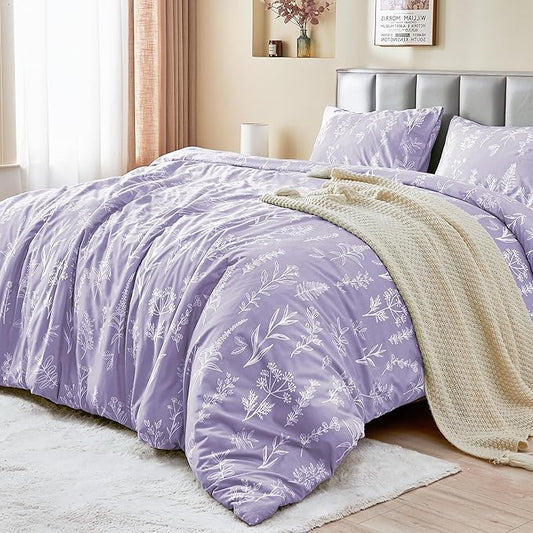 MUXHOMO Duvet Cover King Size, Reversible Floral Lavender Duvet Cover Set with Zipper Closure, 3 Pieces Botanical Patterns Soft Microfiber Bedding Set (90"x104", 2 Pillow Cases 20"×36")