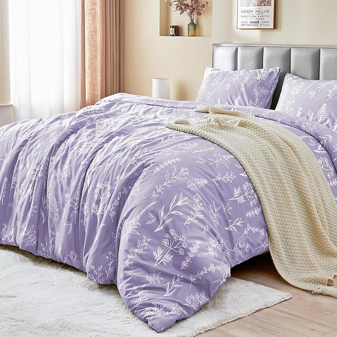 MUXHOMO Duvet Cover Queen Size, Reversible Floral Lavender Duvet Cover Set with Zipper Closure, 3 Pieces Botanical Patterns Soft Microfiber Bedding Set with 4 Ties (90"x90", 2 Pillow Cases)
