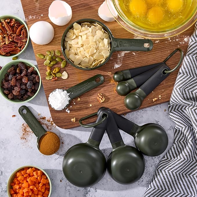 KitchenAid Plastic Measuring Cups and Spoon Set, Set of 9, /4, 1/2, 1/3, and 1 cup sizes, and 1 tbsp, 1/2 tbsp, 1 tsp, 1/2 tsp and 1/4 tsp, Evergreen