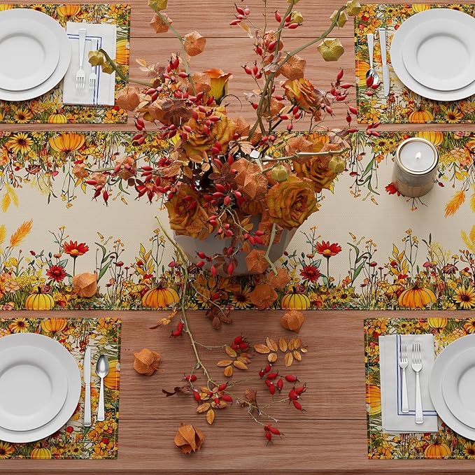 XCHI Fall Color Wild Flowers Pumpkin Table Runner Table Decoration for Kitchen Dining Dinner Autumn Home Decor 13x90 Inch
