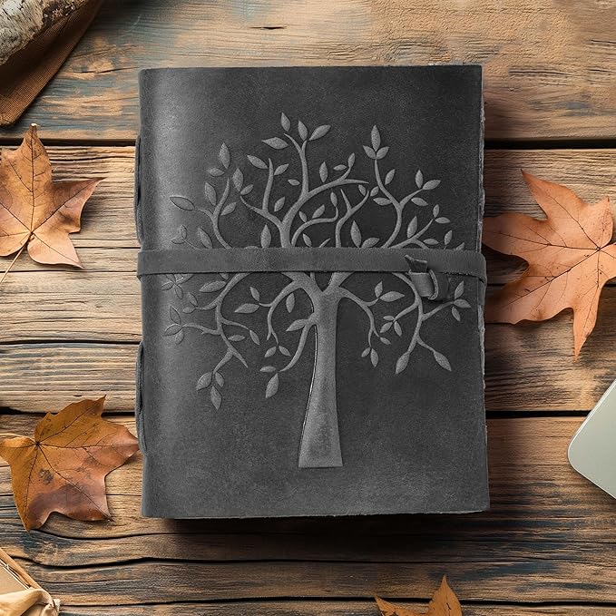 LEATHER VILLAGE Tree of Life Journal - 8"X6" (A5) inches - Rustic Black - 200 Antique Deckle Edge Handmade Paper – Book of Shadows - Vintage Leather Bound Journal for Women & Men