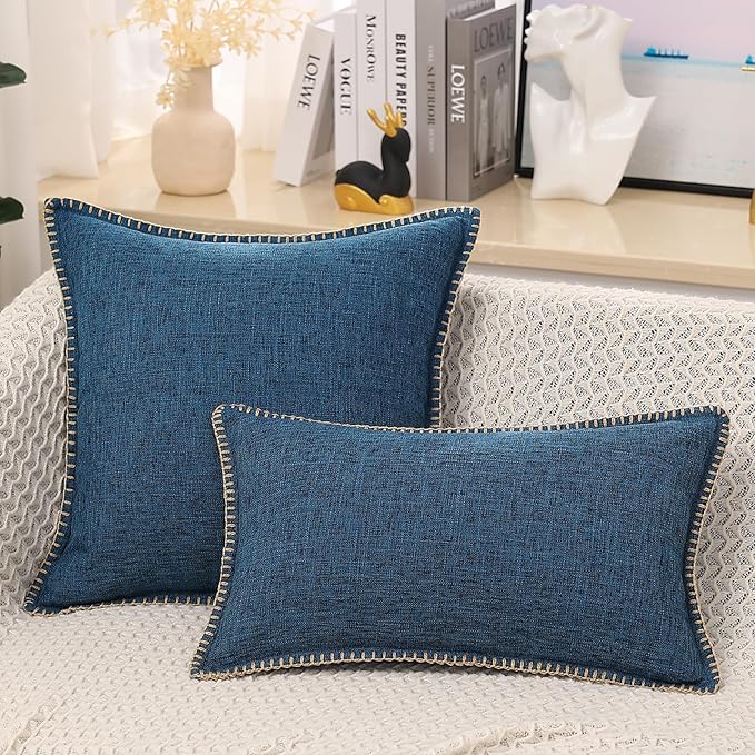 decorUhome Decorative Outdoor Throw Pillow Covers 24x24 Set of 2, Square Linen Rustic Neutral Farmhouse Euro Pillow Covers with Stitched Edge for Couch, Sofa, Living Room, Dark Blue