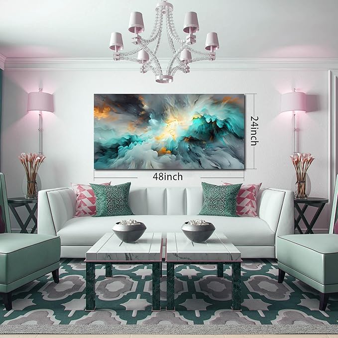 LAOTOART Abstract Art Canvas - Modern Art Wall Decor - Teal Room Decor for Teens Size 24" x 48"