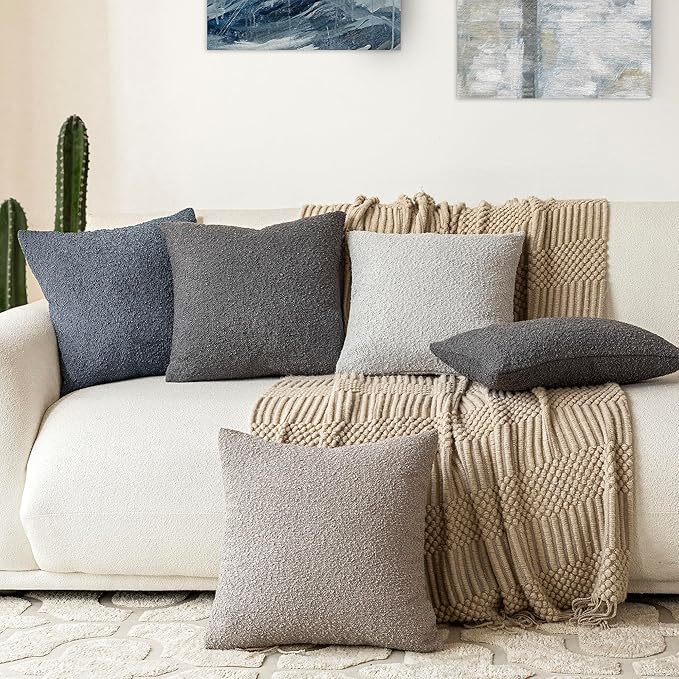 Foindtower Set of 2, Decorative Textured Boucle Throw Pillow Covers Accent Solid Pillow Cases Neutral Soft Cozy Couch Cushion Case for Chair Sofa Bedroom Living Room Home Decor 26 x 26 Inch Dark Grey