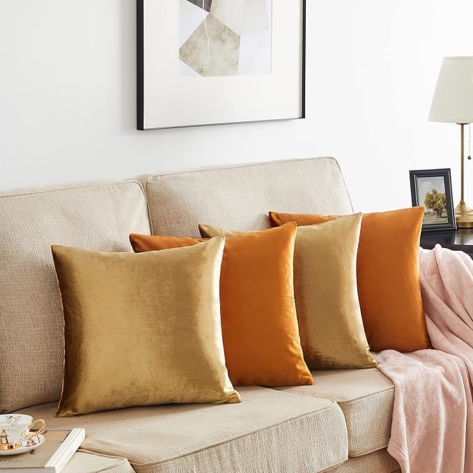 GIGIZAZA Velvet Gold Orange Pillow Covers 18x18，Pack of 4 Decorative Throw Pillow Soft Covers Square Couch Pillow Modern Covers Living Room Luxury Cushion Covers