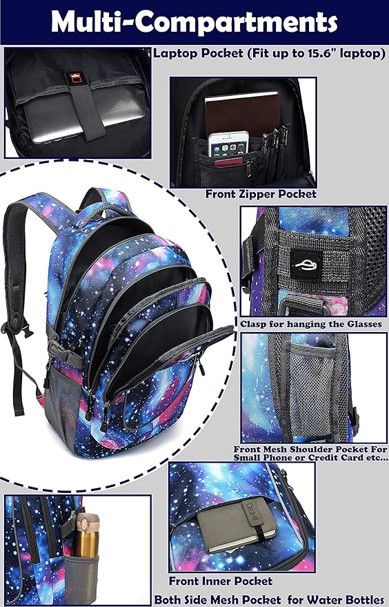 Galaxy Backpack for College Sturdy Bookbag Travel Business with USB Charging Port Laptop compartment Chest Straps Anti Theft Night Light Reflective (Galaxy)