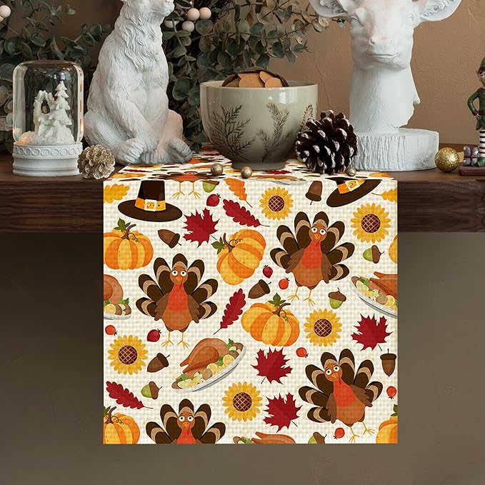 Turkey Burlap Table Runner Seasonal Spring Fall Kitchen Dining Linen Table Decoration for Indoor Outdoor Home Party Dinner 13x72 Inch