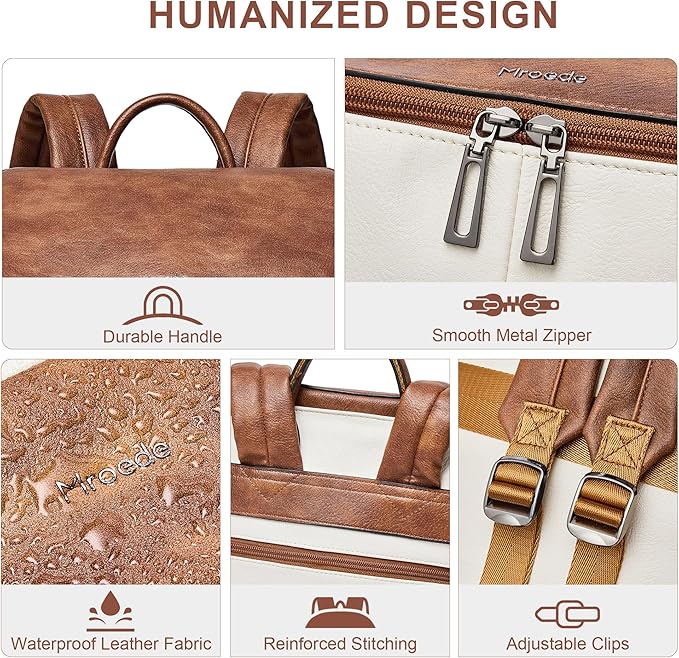 Leather Laptop Backpack for Women, 15.6 Inch Travel Backpack with Laptop Compartment, Casual Daypack Fashion Travel Backpack Purse for Travel College Work, Beige Brown