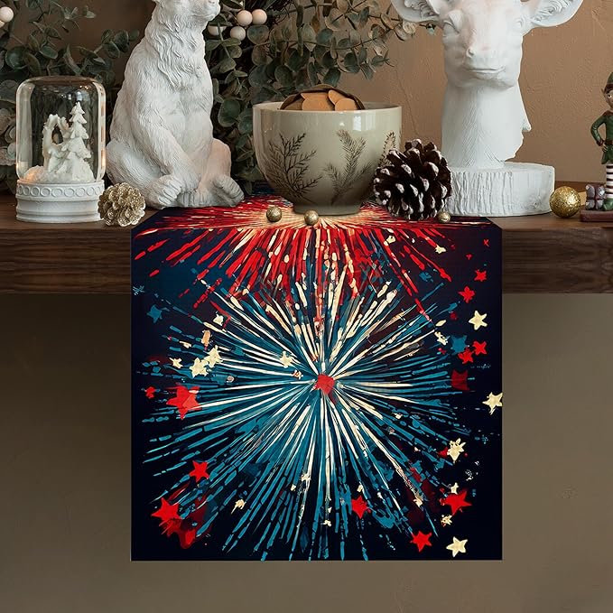 Blue Red Fireworks Burlap Table Runner Seasonal Spring Fall Kitchen Dining Linen Table Decoration for Indoor Outdoor Home Party Dinner 13x72 Inch