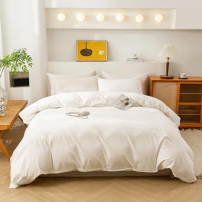 ECOCOTT White Duvet Cover Queen Size, 100% Washed Cotton 1 Duvet Cover with Zipper and 2 Pillowcases, Ultra Soft and Easy Care Breathable Bedding Set (White, Queen)