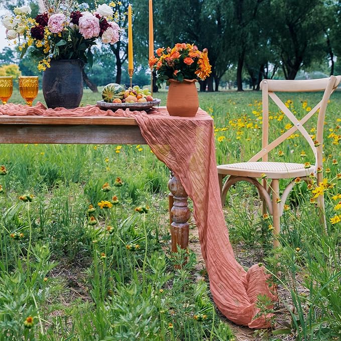 2 Pieces Boho Table Runners Dusty Blush Cheesecloth Table Runner Boho Gauze Cheese ClothTable Runner Rustic Sheer Table Runner 10FT Long for Wedding Bridal Shower Birthday Party Table Decorations