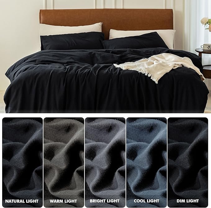 FOSSA Duvet Cover Set 100% Washed Cotton 2 Pieces Bedding Set Twill Soft Cozy Breathable Sturdy Substantial with Textured Weave Solid Black Twin/Twin XL