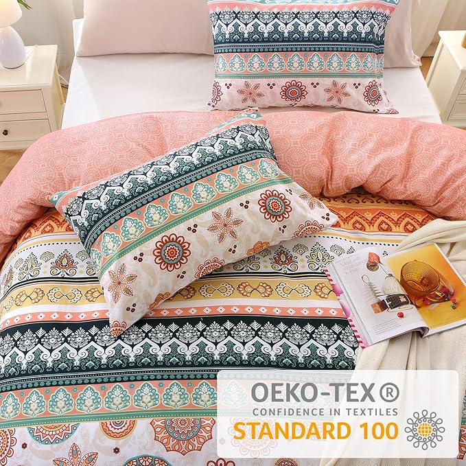 MUXHOMO Duvet Cover King Size, Reversible Floral Boho Flower Duvet Cover Set with Zipper Closure, 3 Pieces Botanical Patterns Soft Microfiber Bedding Set with 4 Ties (104"x90", 2 Pillow Cases)