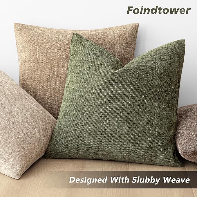 Foindtower Pack of 2 Soft Textured Chenille Throw Decorative Pillow Covers Square Accent Solid Cushion Cover Cozy Neutral Farmhouse Pillow Case for Couch Sofa Bedroom Living Room 22x22 Inch,Dark Green