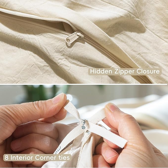 MooMee Bedding Duvet Cover Set 100% Washed Cotton Linen Like Textured Breathable Durable Soft Comfy (Heathered Almond Milk Grey, Super Queen 90"x98")