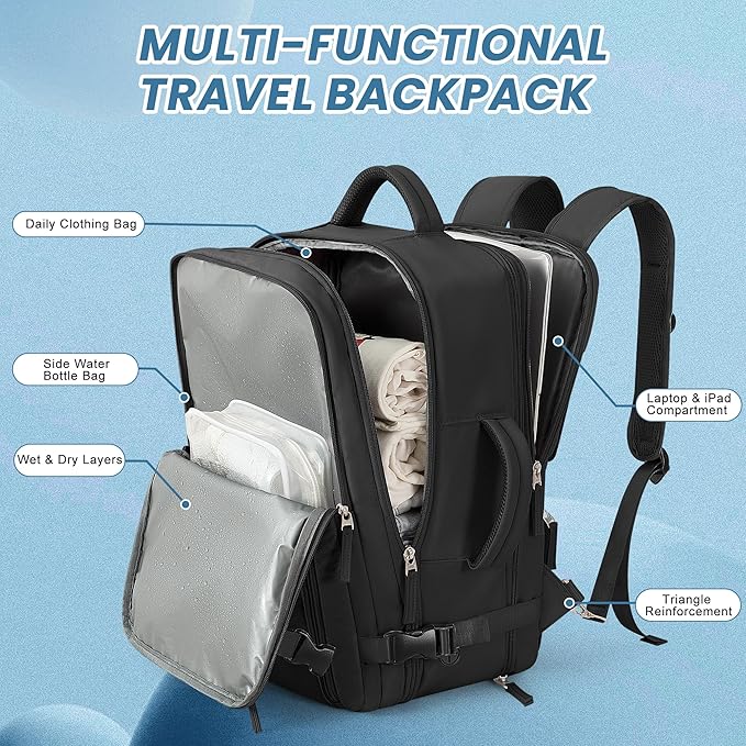 Beraliy Travel Backpack for Men Women, Large Carry On Backpack, Personal Item Bag Airline Approved, 17 inch Laptop Backpack, Business Work Gym Weekender Bag, Black