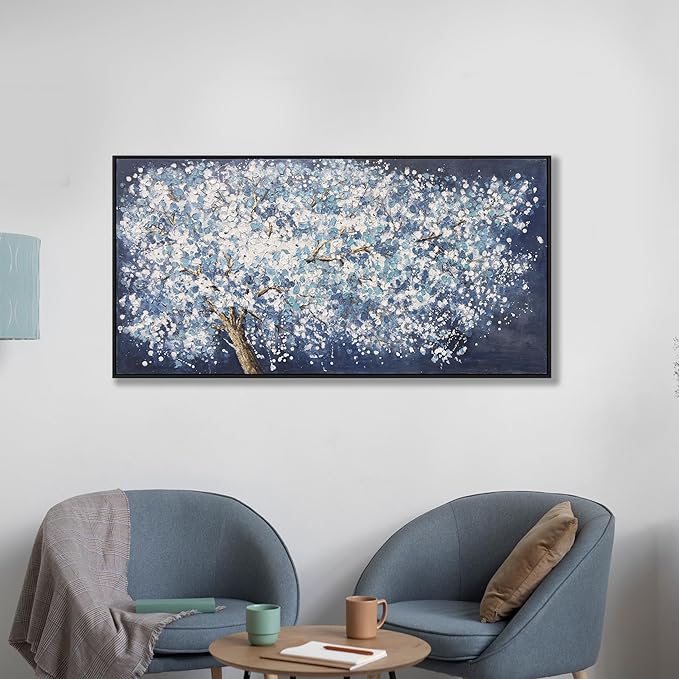 Wall Art Canvas Oil Painting Dark Blue And White Abstract Tree Plants Wall Decor Pictures Framed For Bedroom Canvas Wall Decorations Artwork For Living Room Dinning Room Home Office 20 X 40 Inch