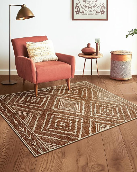 Area Rug 3x5 Rug Machine Washable Non-Slip Low Pile Print Pattern Western Rug for Living Room Bedroom Entryway Tribal Series -Yellowbrown/Cream