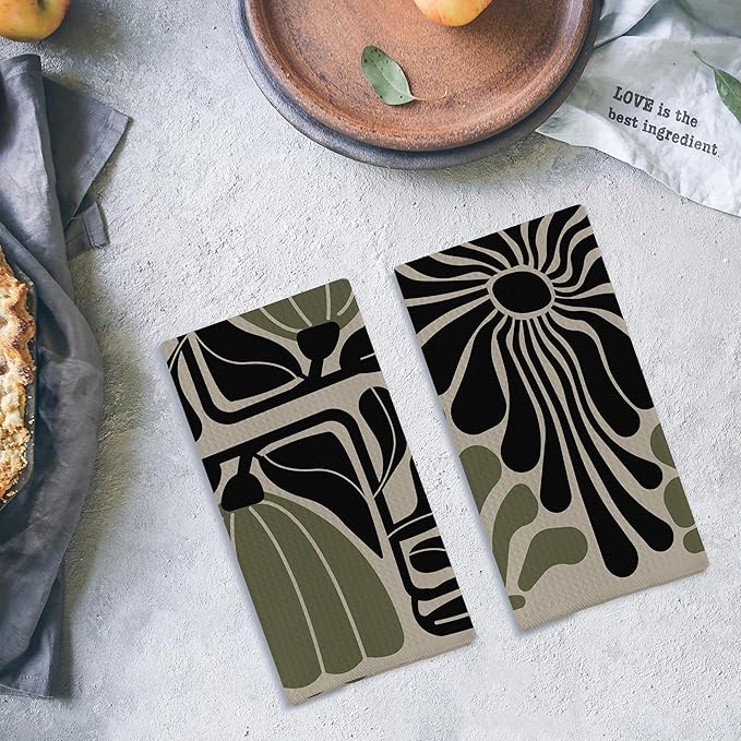 Sage Green Groovy 70s Retro Kitchen Towels Set of 2 - Boho Floral Dish Towels for Kitchen, Boho Hand Towels for Bathroom, Boho Sage Green Bathroom Kitchen Decor, 16x24 Inches