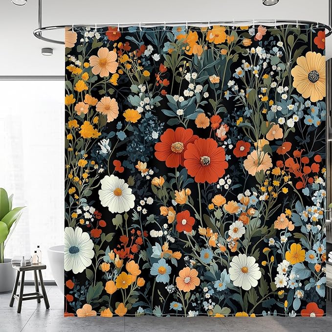 Aimego Black Floral Shower Curtain - Colorful Red Dark Flowers Spring Plants Boho Chic Botanical Leaves Fabric Cloth Bath Shower Curtain Set with 12 Hooks for Bathroom Decor Accessories, 72"x72"