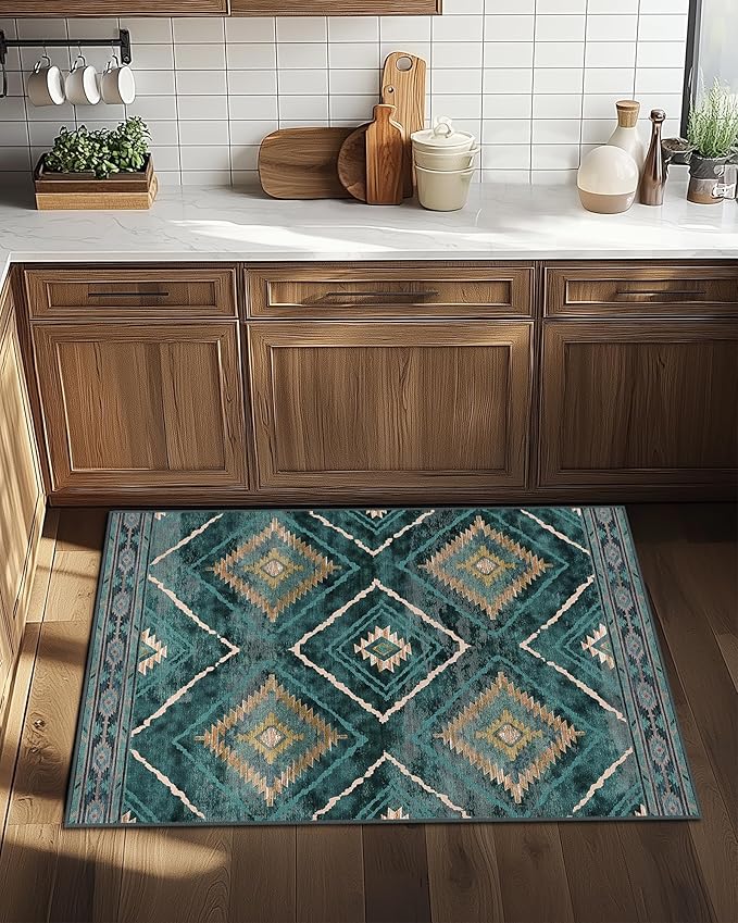 Area Rug 2x3 Rug Machine Washable Non-Slip Low Pile Print Pattern Western Rug for Living Room Bedroom Entryway Tribal Series -Teal/Green