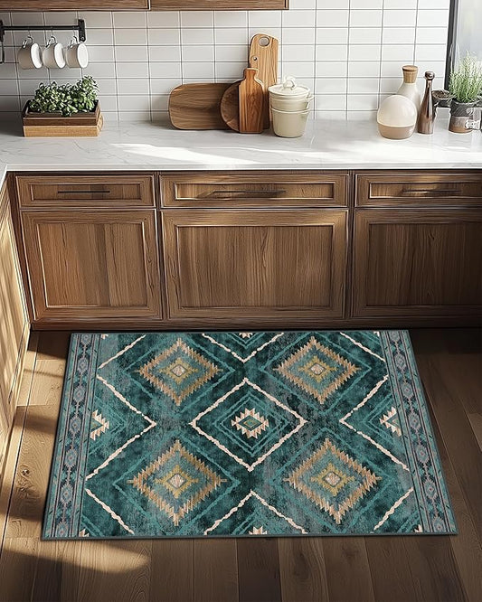 Area Rug 2x3 Rug Machine Washable Non-Slip Low Pile Print Pattern Western Rug for Living Room Bedroom Entryway Tribal Series -Teal/Green