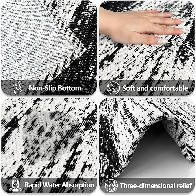 HDFK Graffiti Bath Mat | Non Slip Water Absorbent Quick Dry Woven Floor Mats | Thin Machine Washable Modern Shower Rug | Low Pile Profile Fit Under Door Vanity Room Bathroom Rugs | 24x17.7 Inch Black