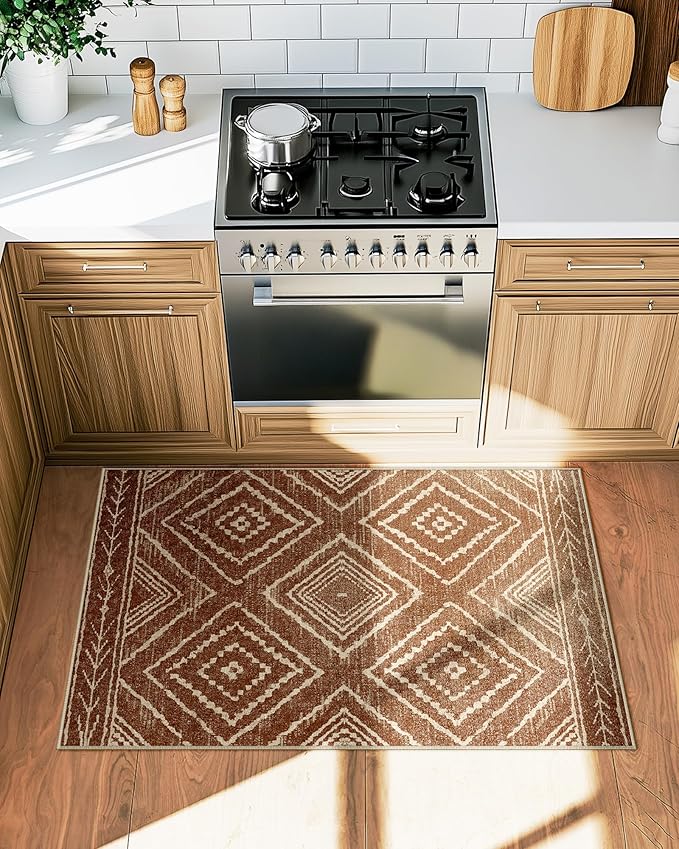 Area Rug 2x3 Rug Machine Washable Non-Slip Low Pile Print Pattern Western Rug for Living Room Bedroom Entryway Tribal Series -Yellowbrown/Cream