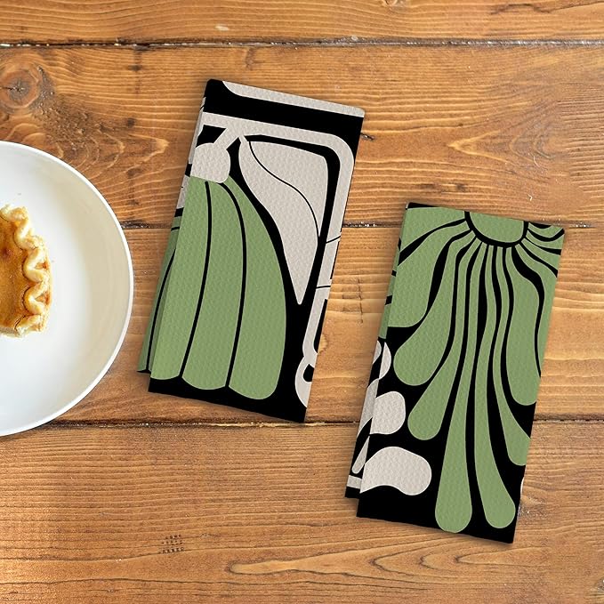 Abstract Boho Green and Beige Floral Kitchen Towels Set of 2, Retro 70s Groovy Floral Hand Towels for Bathroom Decor, Modern Minimalist Botanical Dish Tea Towels for Kitchen Decor, 16x24 Inch