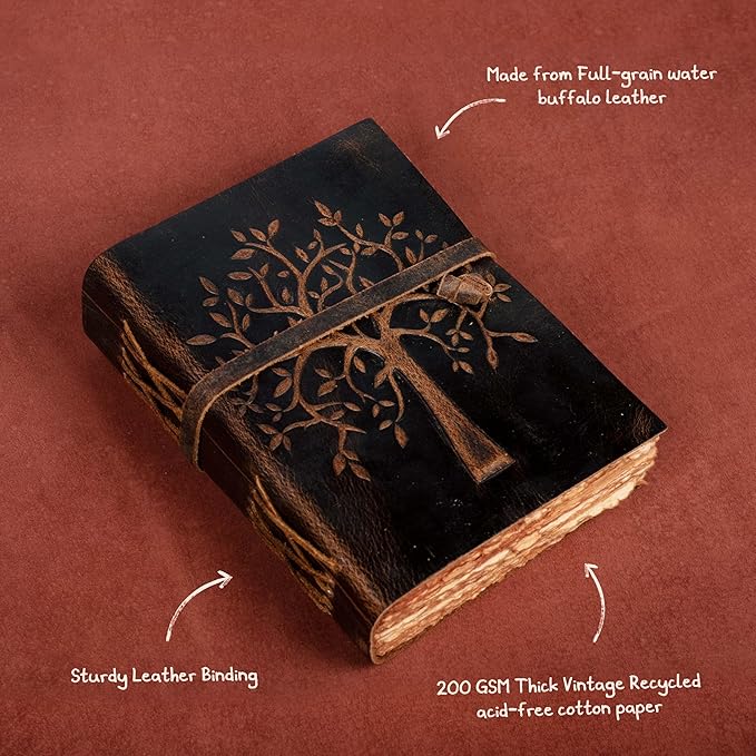 LEATHER VILLAGE Tree of Life Journal - 6 X 4 (A6) inches - Rustic Brown - 200 Antique Deckle Edge Handmade Paper – Book of Shadows - Vintage Leather Bound Journal for Women & Men