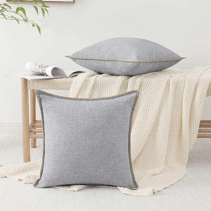 decorUhome Decorative Outdoor Throw Pillow Covers 16x16 Set of 2, Square Linen Rustic Neutral Farmhouse Euro Pillow Covers with Stitched Edge for Couch, Sofa, Living Room, Light Grey